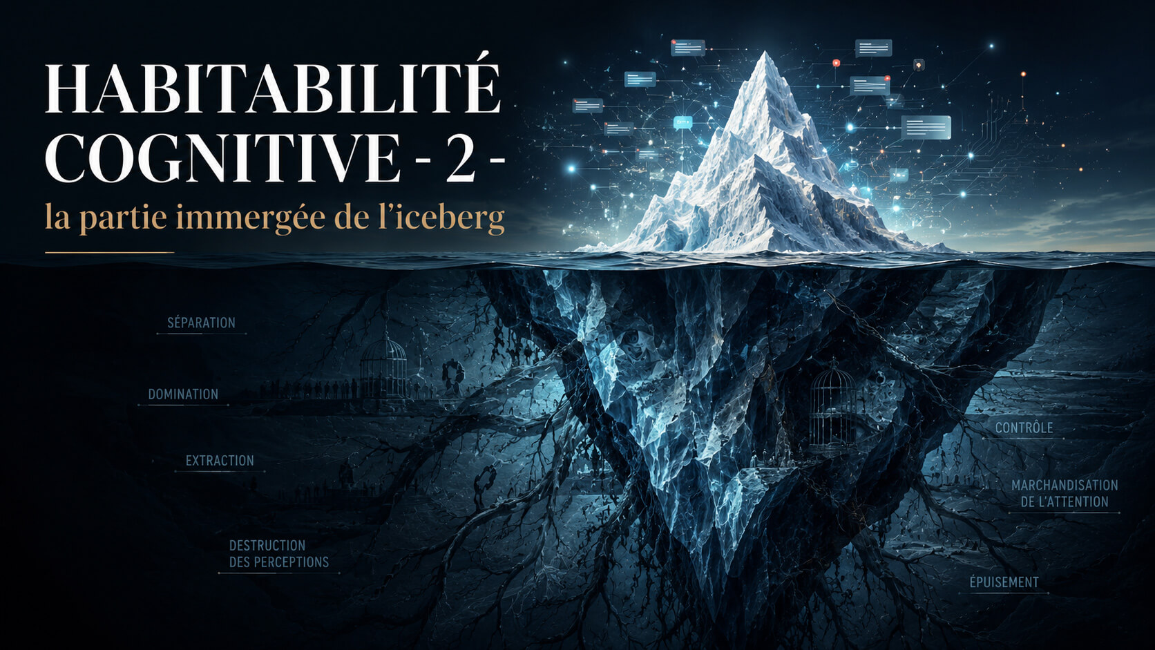 Iceberg symbolisant l’habitabilité cognitive : réseaux sociaux et IA visibles en surface, séparation, domination et extraction dans la partie immergée.